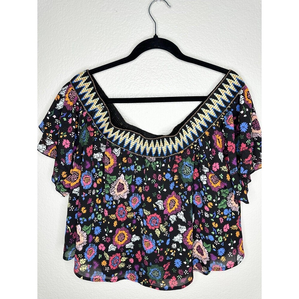 Guess Blouse Womens Large Black Floral Off Shoulder Embroidered Smocked Boho - Picture 6 of 6